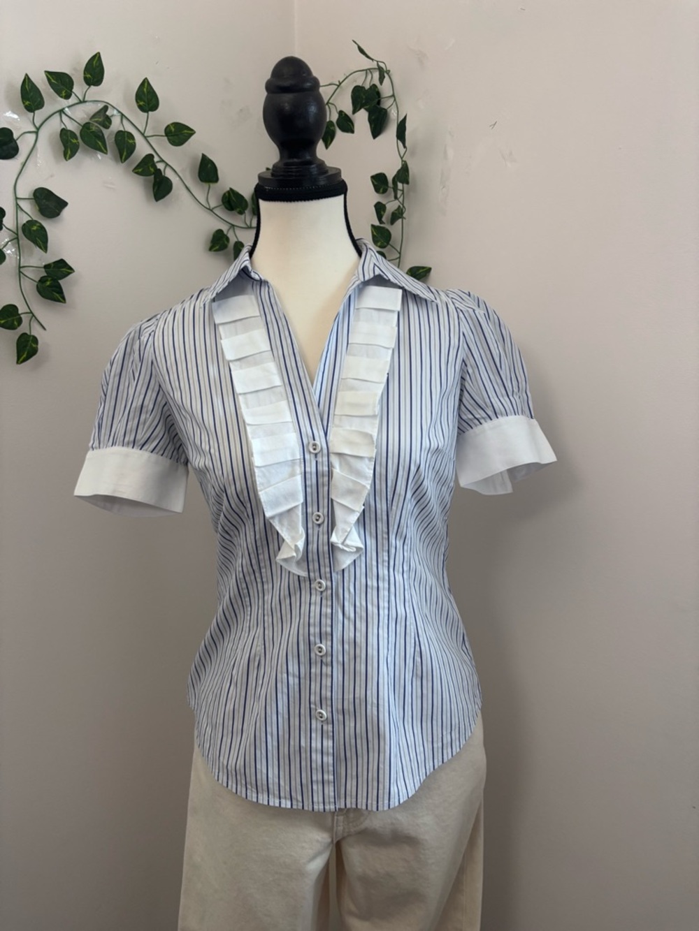 Banana Republic Women's Blue & White Striped Ruffle Button-Front Shirt